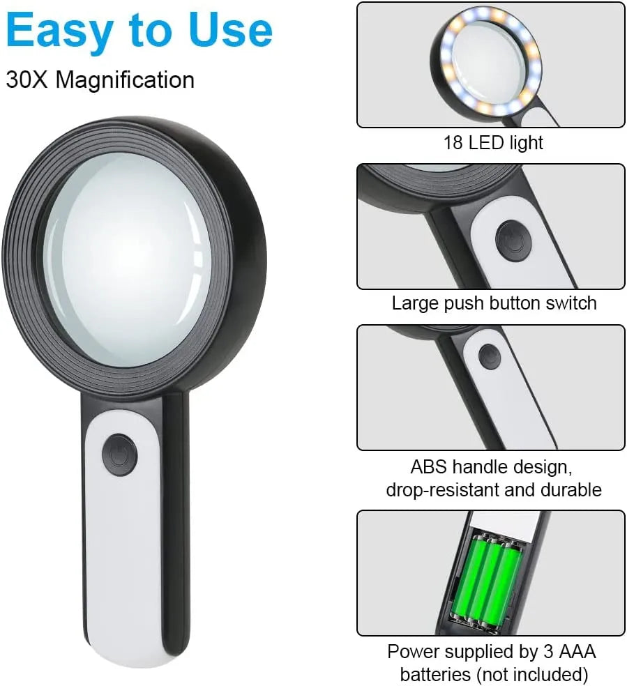 Magnifying Glass 18 LED Lights 30X Double Glass 3 Modes High Power Lens Handheld Illuminated Magnifier Reading Magnifying Glass