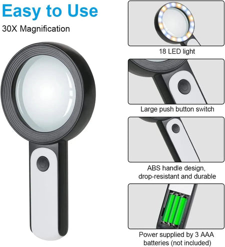 Magnifying Glass 18 LED Lights 30X Double Glass 3 Modes High Power Lens Handheld Illuminated Magnifier Reading Magnifying Glass