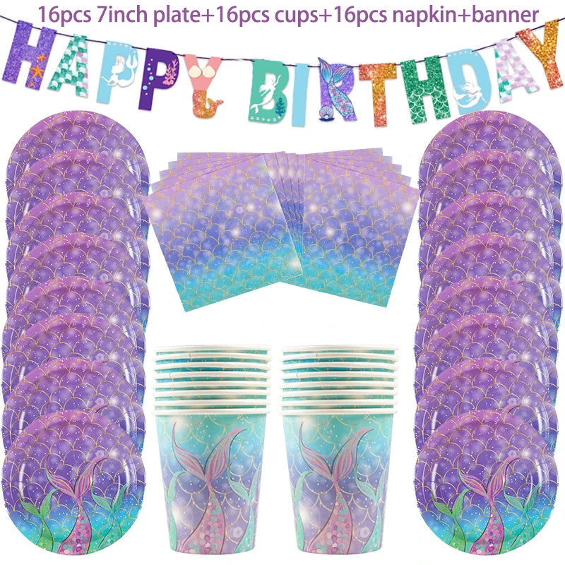 Mermaid Disposable Tableware &amp;amp; Birthday Decorations 49pcs set