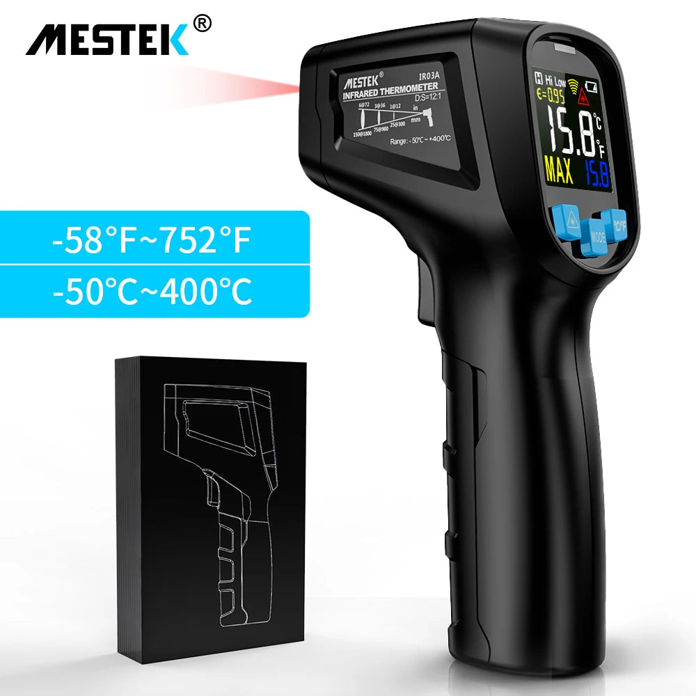 MESTEK IR01D Infrarot Thermometer – 50 °C Bis 800 °C, Laser, Einstellbarer Emissionsgrad, Farbdisplay 12:1 Distanz-Spot-Verhältnis MESTEK IR01D Infrarot Thermometer – 50 °C Bis 800 °C, Laser, Einstellbarer Emissionsgrad, Farbdisplay 12:1 Distanz-Spot-Verhältnis