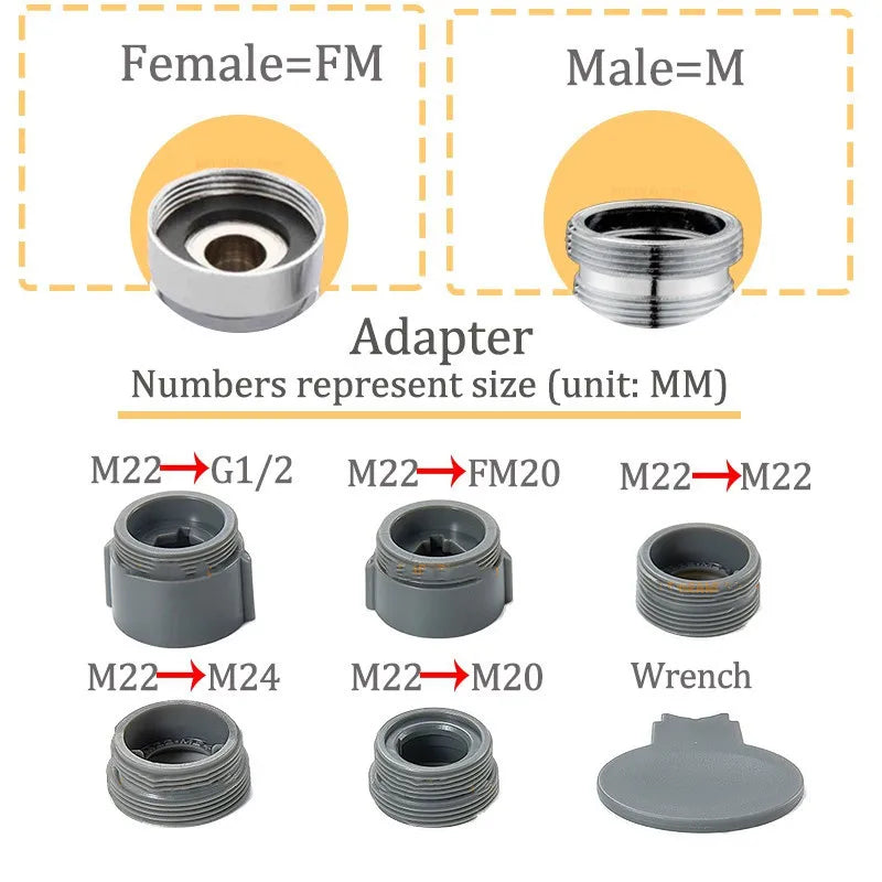 Metal Copper 1080&amp;deg; Rotation Faucet Aerator Extender Swivel Robotic Arm Faucets Sprayer Head Nozzle Kitchen Tap Saving Water 6Pcs Adaptor Kit
