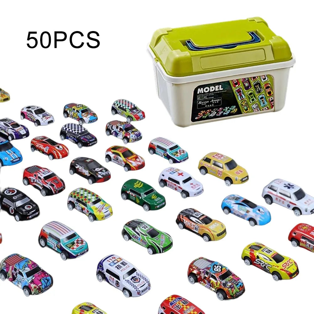 Mini Alloy Car Model Set with Storage Box Diecast Cars Toys for Boys Sliding Inertia Vehicle Children Toy Kit Kids Gifts 50PCS