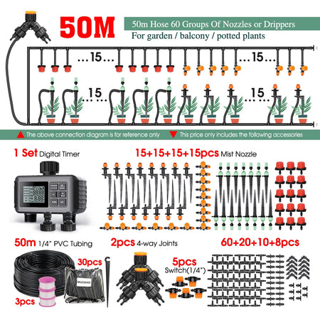 MUCIAKIE 30-50M 2-IN-1 Misting Spray Drip Irrigation System Ax50m Timer Kit