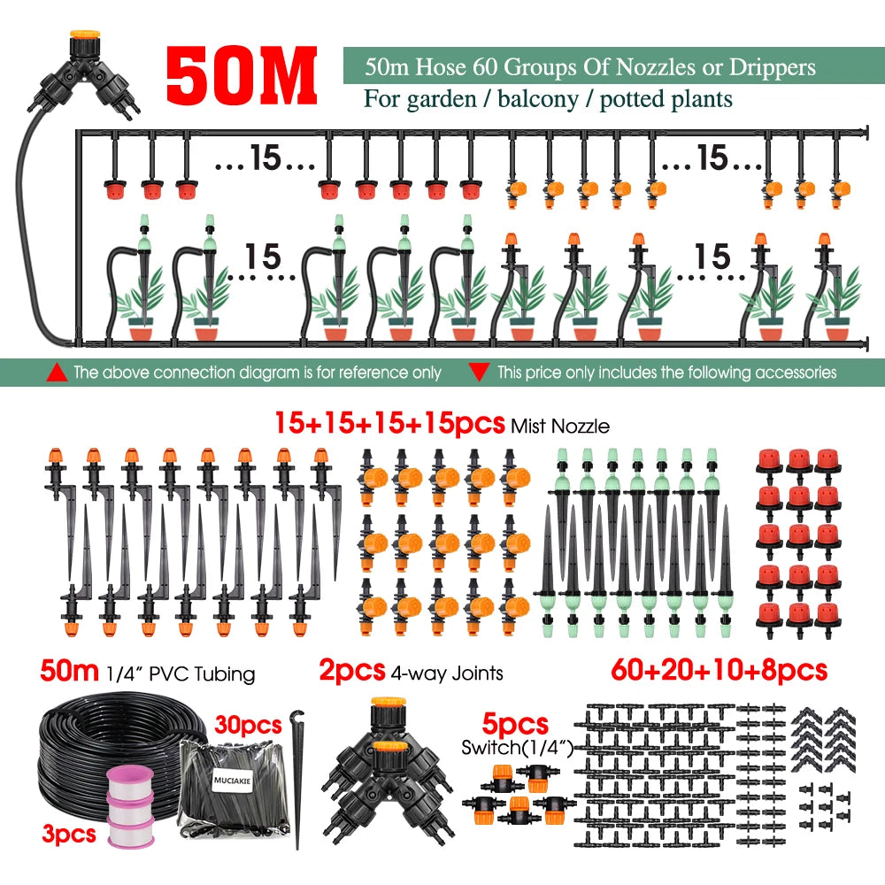 MUCIAKIE 30-50M 2-IN-1 Misting Spray Drip Irrigation System Bx50m Kit