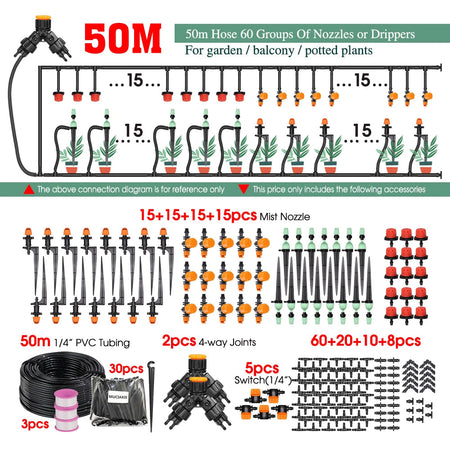 MUCIAKIE 30-50M 2-IN-1 Misting Spray Drip Irrigation System Bx50m Kit