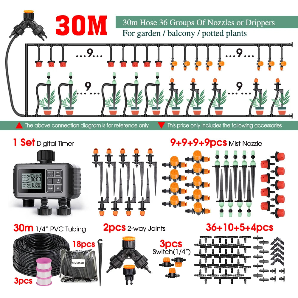 MUCIAKIE 30-50M 2-IN-1 Misting Spray Drip Irrigation System Cx30m Timer Kit