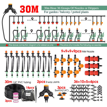 MUCIAKIE 30-50M 2-IN-1 Misting Spray Drip Irrigation System Dx30m Kit