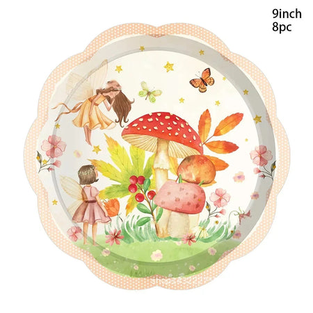 Mushroom Flower Fairy Disposable Tableware Set 8pcs 9inch plates
