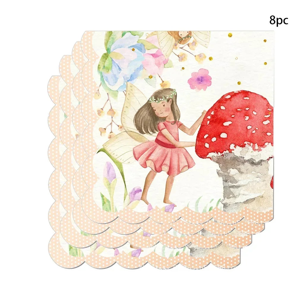 Mushroom Flower Fairy Disposable Tableware Set 8pcs napkins