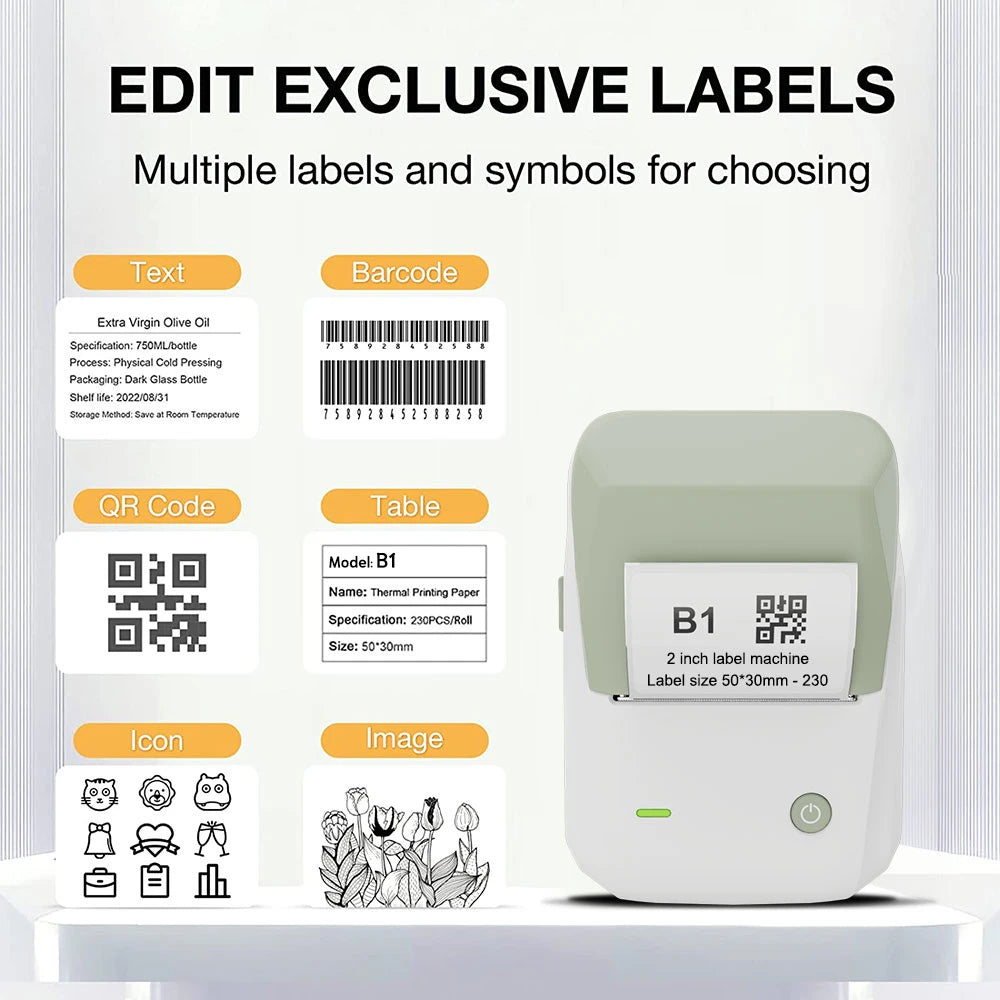 Niimbot B1 Label Printer Portable Handheld Thermal Printer Mini Barcode QR Code Sticker Paper Color Rolls Maker Cable