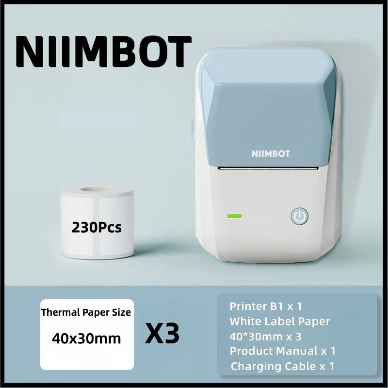 Niimbot B1 Label Printer Portable Handheld Thermal Printer Mini Barcode QR Code Sticker Paper Color Rolls Maker Cable Be 40x30 3 Rolls