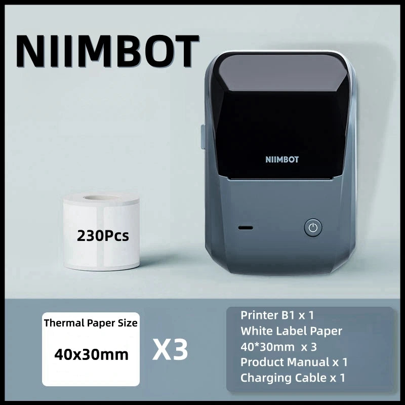 Niimbot B1 Label Printer Portable Handheld Thermal Printer Mini Barcode QR Code Sticker Paper Color Rolls Maker Cable Bk 40x30 3 Rolls