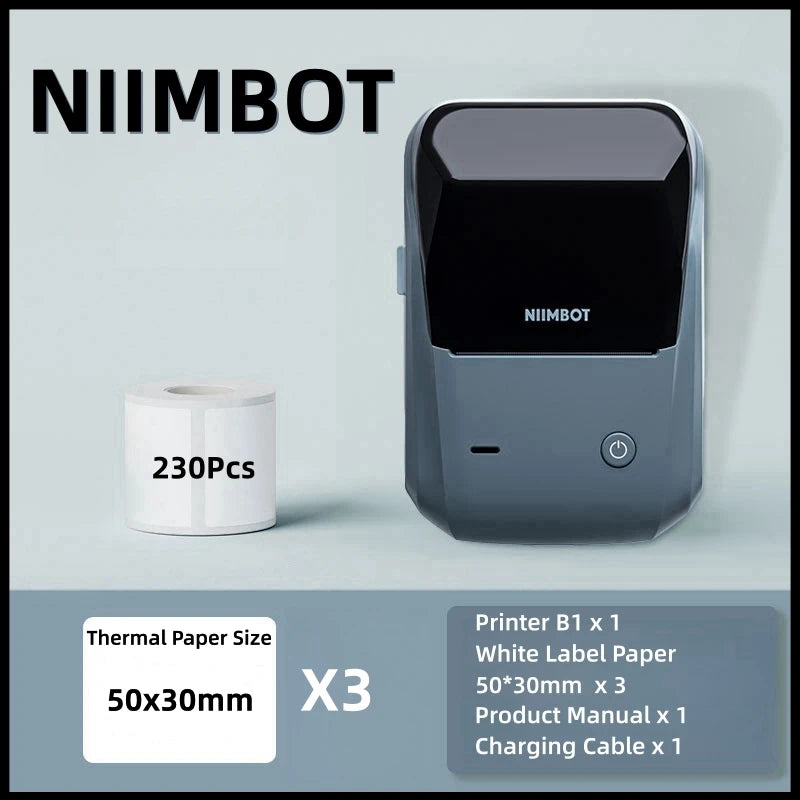 Niimbot B1 Label Printer Portable Handheld Thermal Printer Mini Barcode QR Code Sticker Paper Color Rolls Maker Cable Bk 50x30 3 Rolls