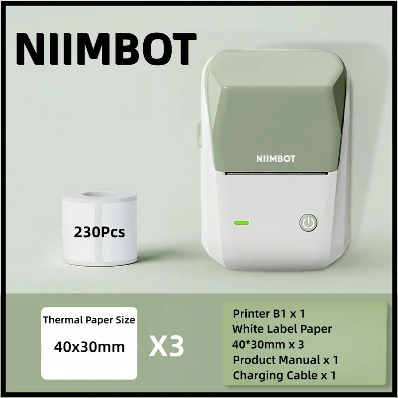 Niimbot B1 Label Printer Portable Handheld Thermal Printer Mini Barcode QR Code Sticker Paper Color Rolls Maker Cable Gn 40x30 3 Rolls