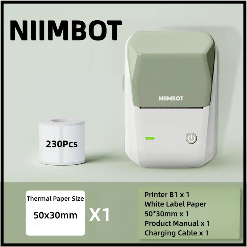 Niimbot B1 Label Printer Portable Handheld Thermal Printer Mini Barcode QR Code Sticker Paper Color Rolls Maker Cable Gn Gift 1Roll