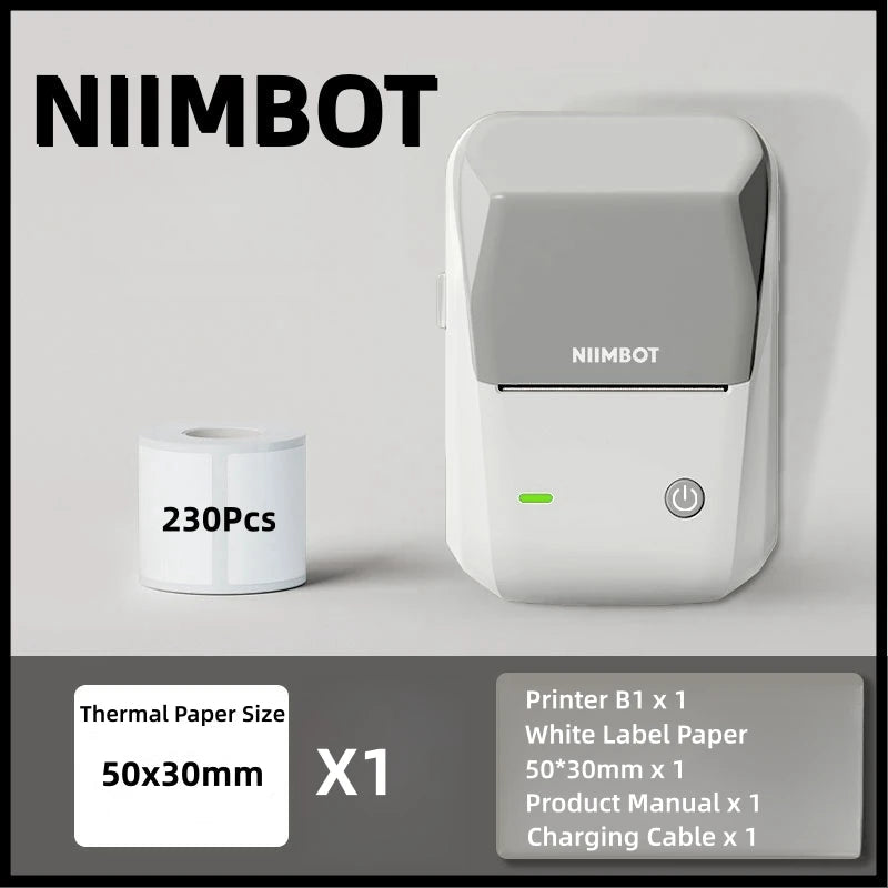 Niimbot B1 Label Printer Portable Handheld Thermal Printer Mini Barcode QR Code Sticker Paper Color Rolls Maker Cable Gy Gift 1Roll