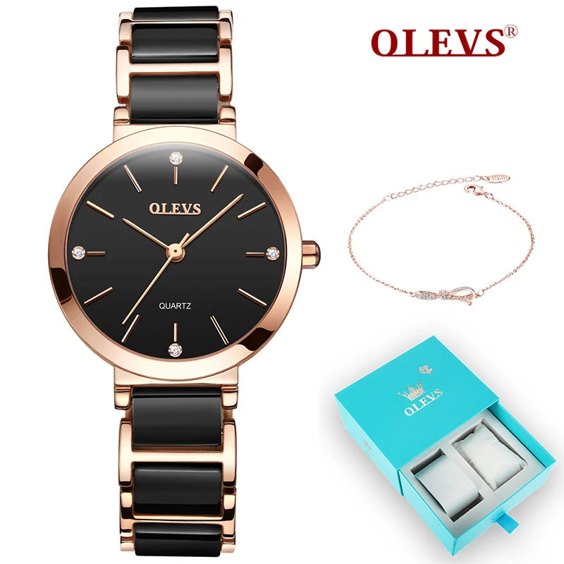 OLEVS Ceramics Watchstrap Quartz Women Watch Waterproof Luxury Brand Watch For Women Fashion Elegant Ladies Bracelet Watch 5877