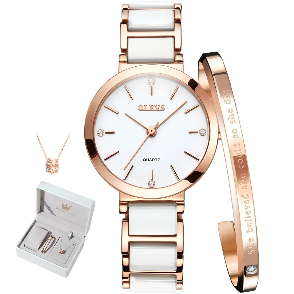 OLEVS Ceramics Watchstrap Quartz Women Watch Waterproof Luxury Brand Watch For Women Fashion Elegant Ladies Bracelet Watch 5877