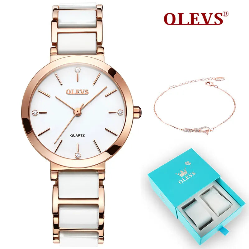 OLEVS Ceramics Watchstrap Quartz Women Watch Waterproof Luxury Brand Watch For Women Fashion Elegant Ladies Bracelet Watch 5877