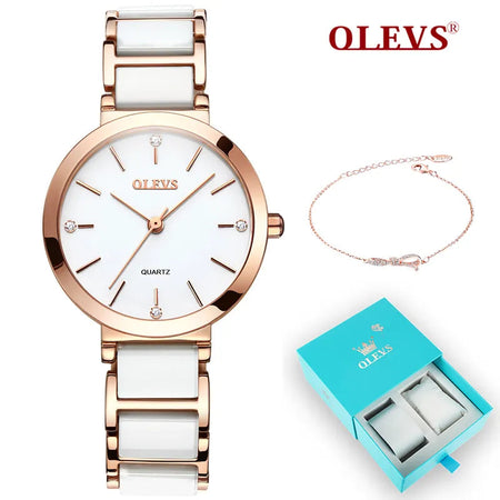 OLEVS Ceramics Watchstrap Quartz Women Watch Waterproof Luxury Brand Watch For Women Fashion Elegant Ladies Bracelet Watch 5877
