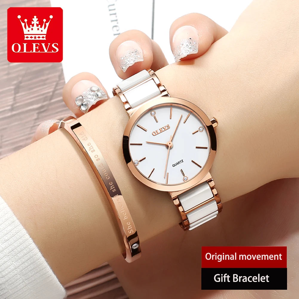 OLEVS Ceramics Watchstrap Quartz Women Watch Waterproof Luxury Brand Watch For Women Fashion Elegant Ladies Bracelet Watch 5877