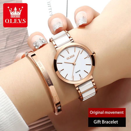 OLEVS Ceramics Watchstrap Quartz Women Watch Waterproof Luxury Brand Watch For Women Fashion Elegant Ladies Bracelet Watch 5877