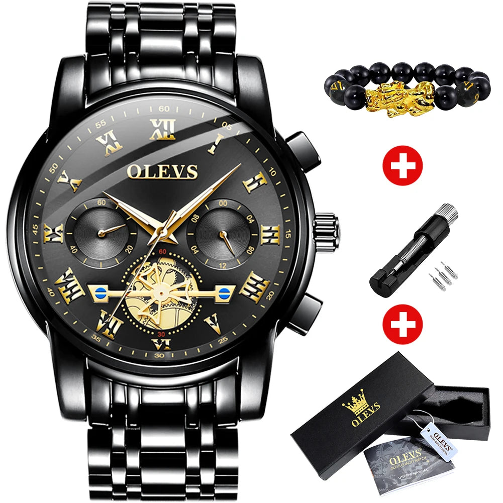 OLEVS Top Brand Men's Watches Classic Roman Scale Dial Luxury Wrist Watch for Man Original Quartz Waterproof Luminous Male reloj all black / CHINA