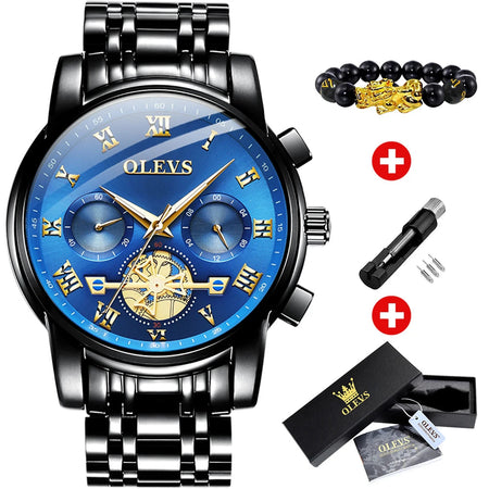 OLEVS Top Brand Men's Watches Classic Roman Scale Dial Luxury Wrist Watch for Man Original Quartz Waterproof Luminous Male reloj black-blue / CHINA