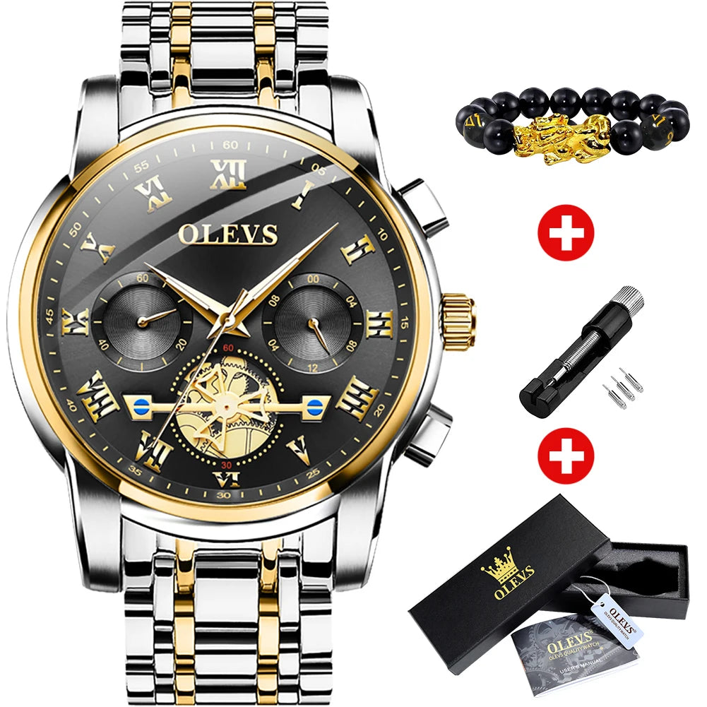 OLEVS Top Brand Men's Watches Classic Roman Scale Dial Luxury Wrist Watch for Man Original Quartz Waterproof Luminous Male reloj gold-black / CHINA