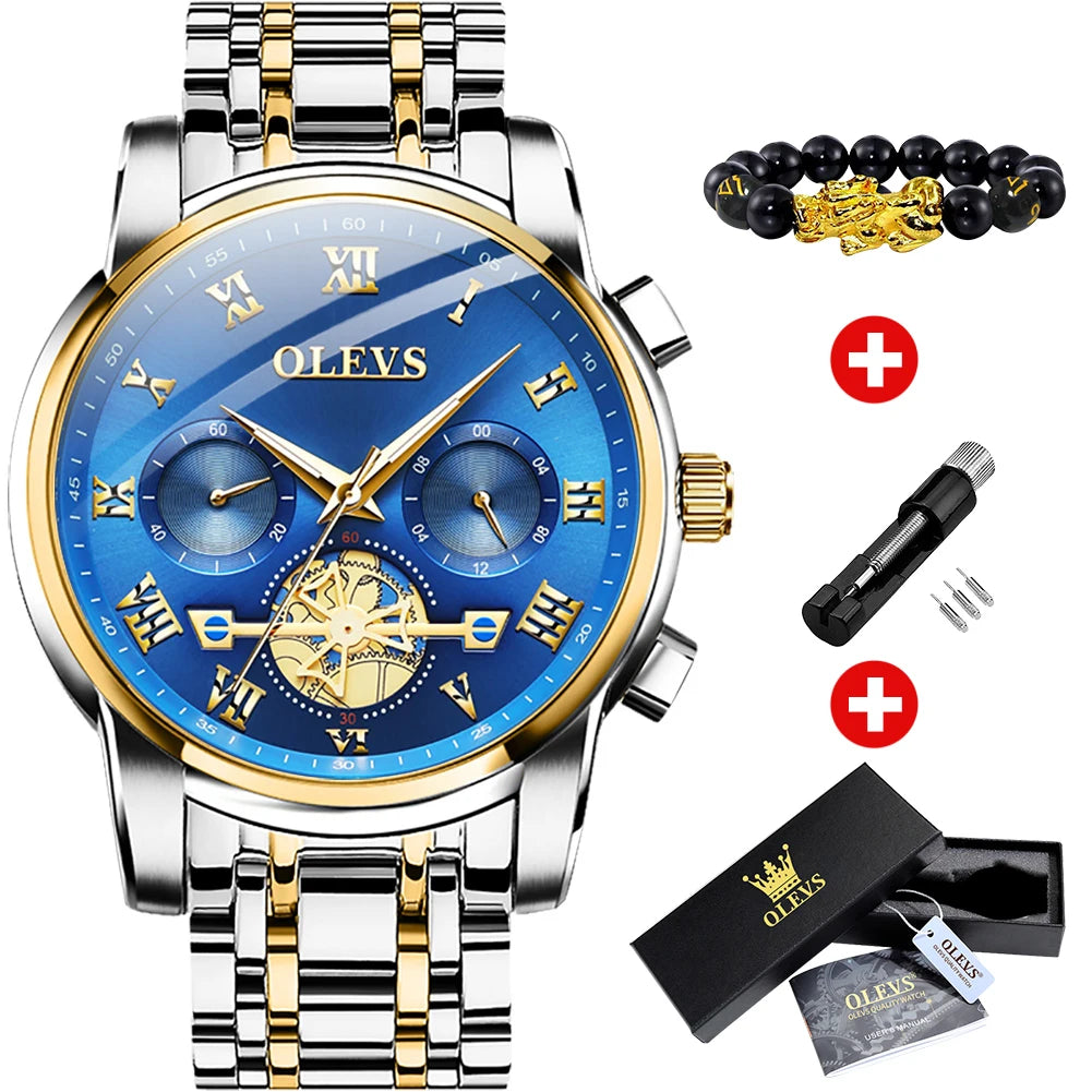 OLEVS Top Brand Men's Watches Classic Roman Scale Dial Luxury Wrist Watch for Man Original Quartz Waterproof Luminous Male reloj gold-blue / CHINA