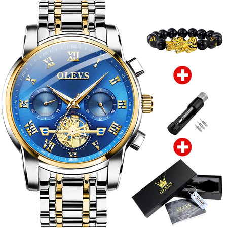 OLEVS Top Brand Men's Watches Classic Roman Scale Dial Luxury Wrist Watch for Man Original Quartz Waterproof Luminous Male reloj gold-blue / CHINA
