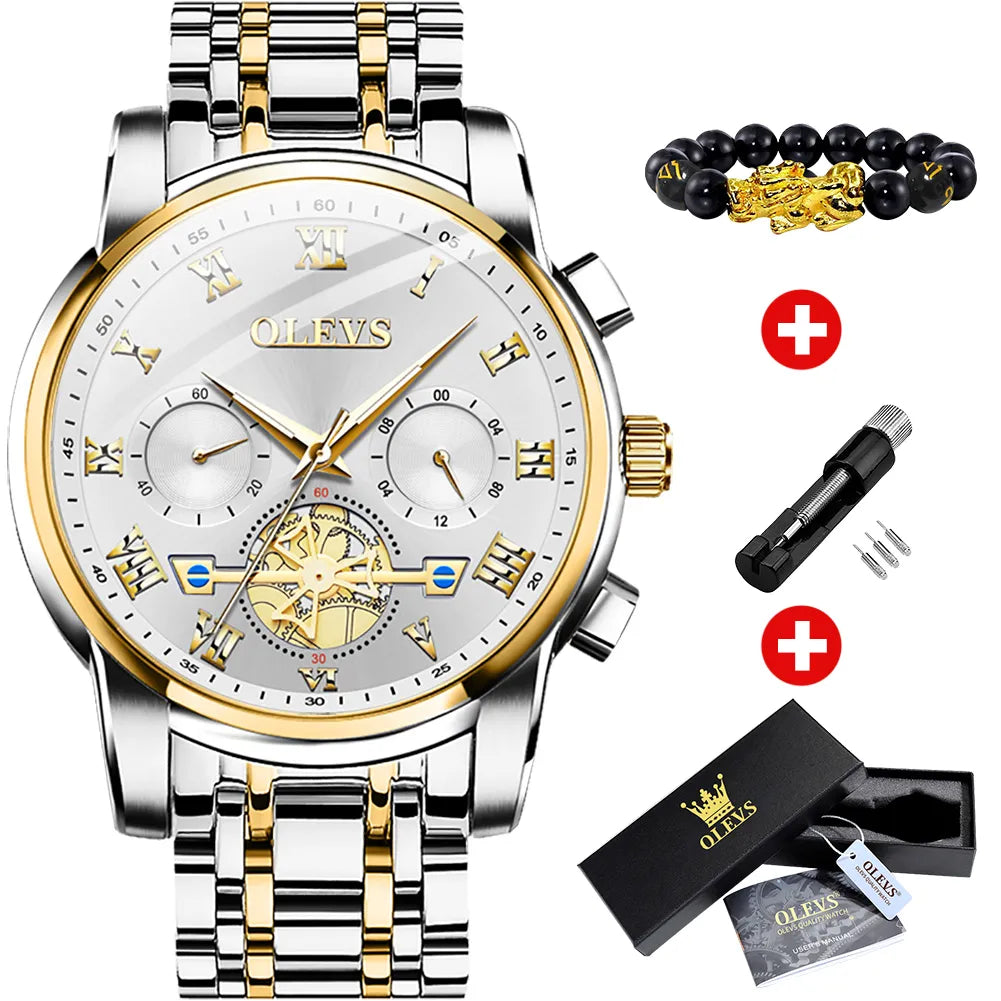OLEVS Top Brand Men's Watches Classic Roman Scale Dial Luxury Wrist Watch for Man Original Quartz Waterproof Luminous Male reloj gold-white / CHINA