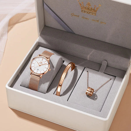 OLEVS Watch Women Rose Gold Top Brand Luxury JAPAN Movement Quartz Ultra Thin Ladies Watch Calendar Date Necklace Watch Set