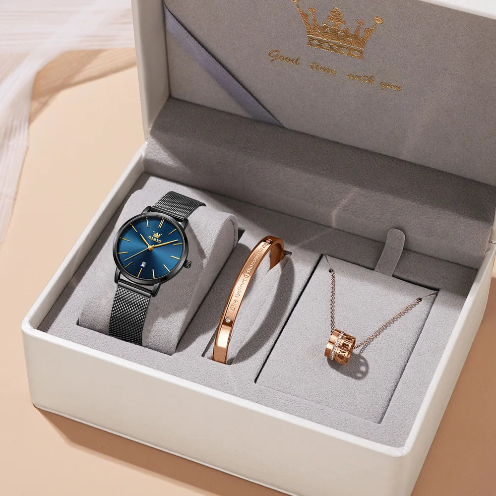 OLEVS Watch Women Rose Gold Top Brand Luxury JAPAN Movement Quartz Ultra Thin Ladies Watch Calendar Date Necklace Watch Set