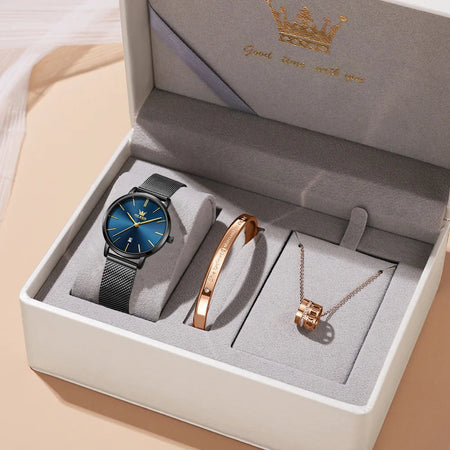 OLEVS Watch Women Rose Gold Top Brand Luxury JAPAN Movement Quartz Ultra Thin Ladies Watch Calendar Date Necklace Watch Set