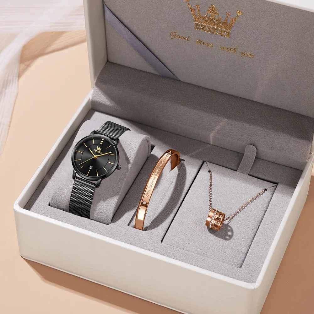 OLEVS Watch Women Rose Gold Top Brand Luxury JAPAN Movement Quartz Ultra Thin Ladies Watch Calendar Date Necklace Watch Set