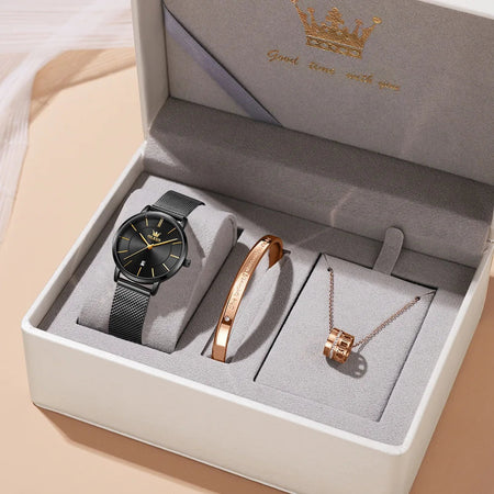 OLEVS Watch Women Rose Gold Top Brand Luxury JAPAN Movement Quartz Ultra Thin Ladies Watch Calendar Date Necklace Watch Set