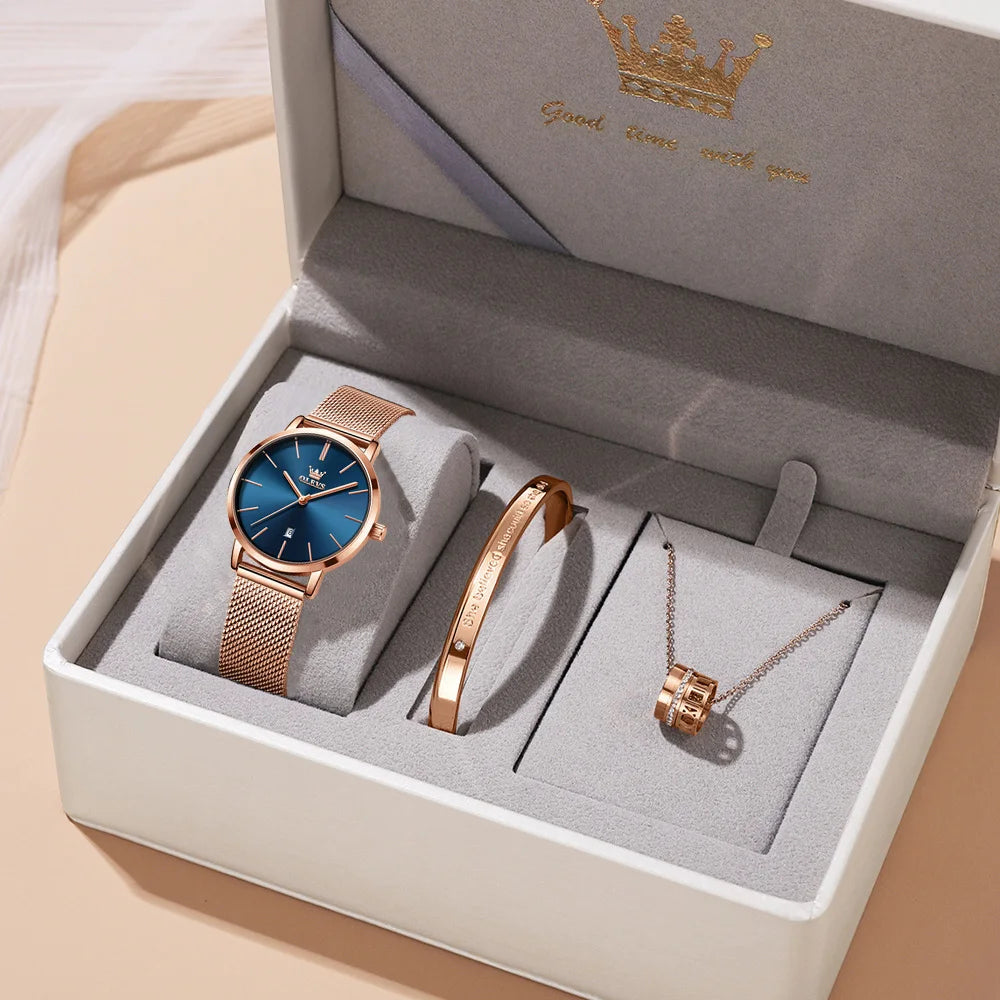 OLEVS Watch Women Rose Gold Top Brand Luxury JAPAN Movement Quartz Ultra Thin Ladies Watch Calendar Date Necklace Watch Set