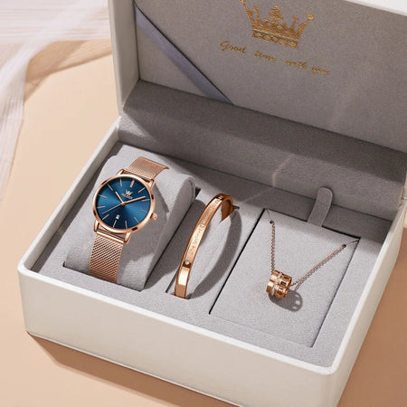OLEVS Watch Women Rose Gold Top Brand Luxury JAPAN Movement Quartz Ultra Thin Ladies Watch Calendar Date Necklace Watch Set