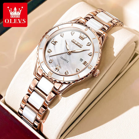 OLEVS Women's Watches Elegant Fashion Ceramics Quartz Wirtwatch for Ladies Diamond Scale Date Display Waterproof Luminous