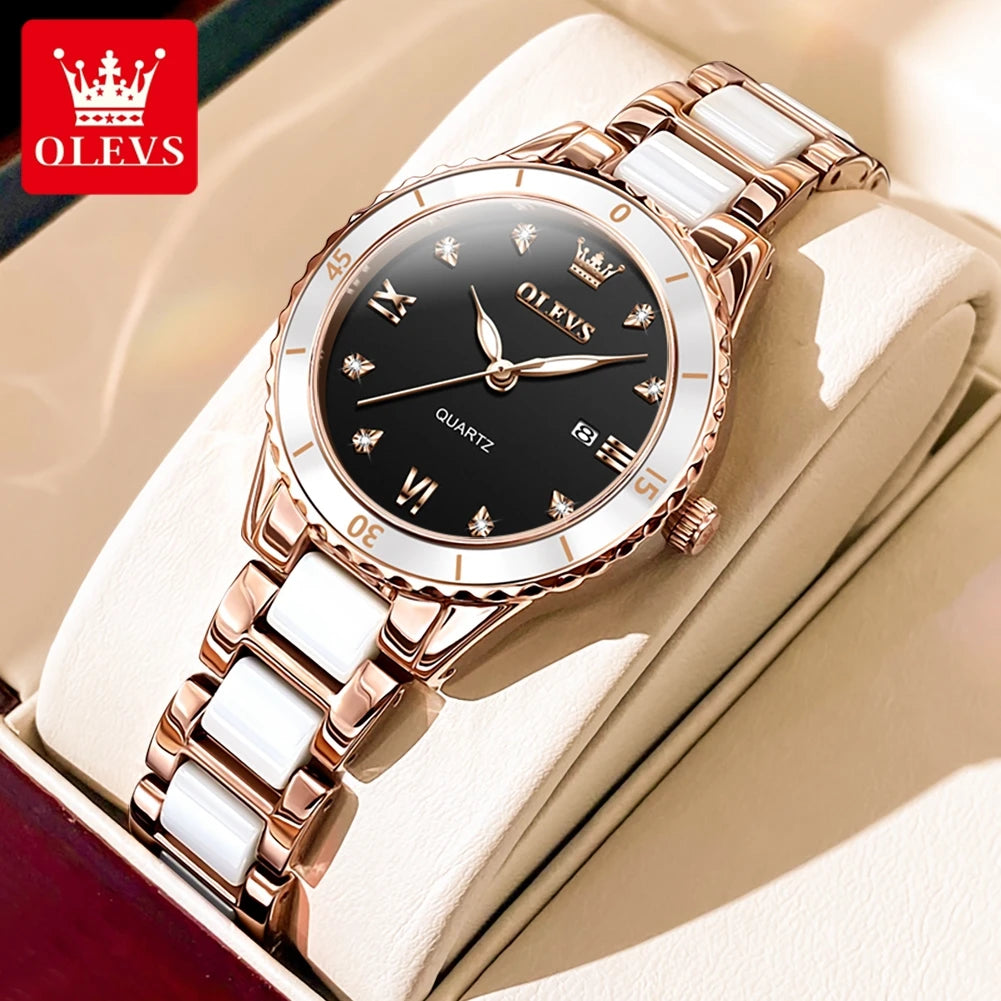 OLEVS Women's Watches Elegant Fashion Ceramics Quartz Wirtwatch for Ladies Diamond Scale Date Display Waterproof Luminous