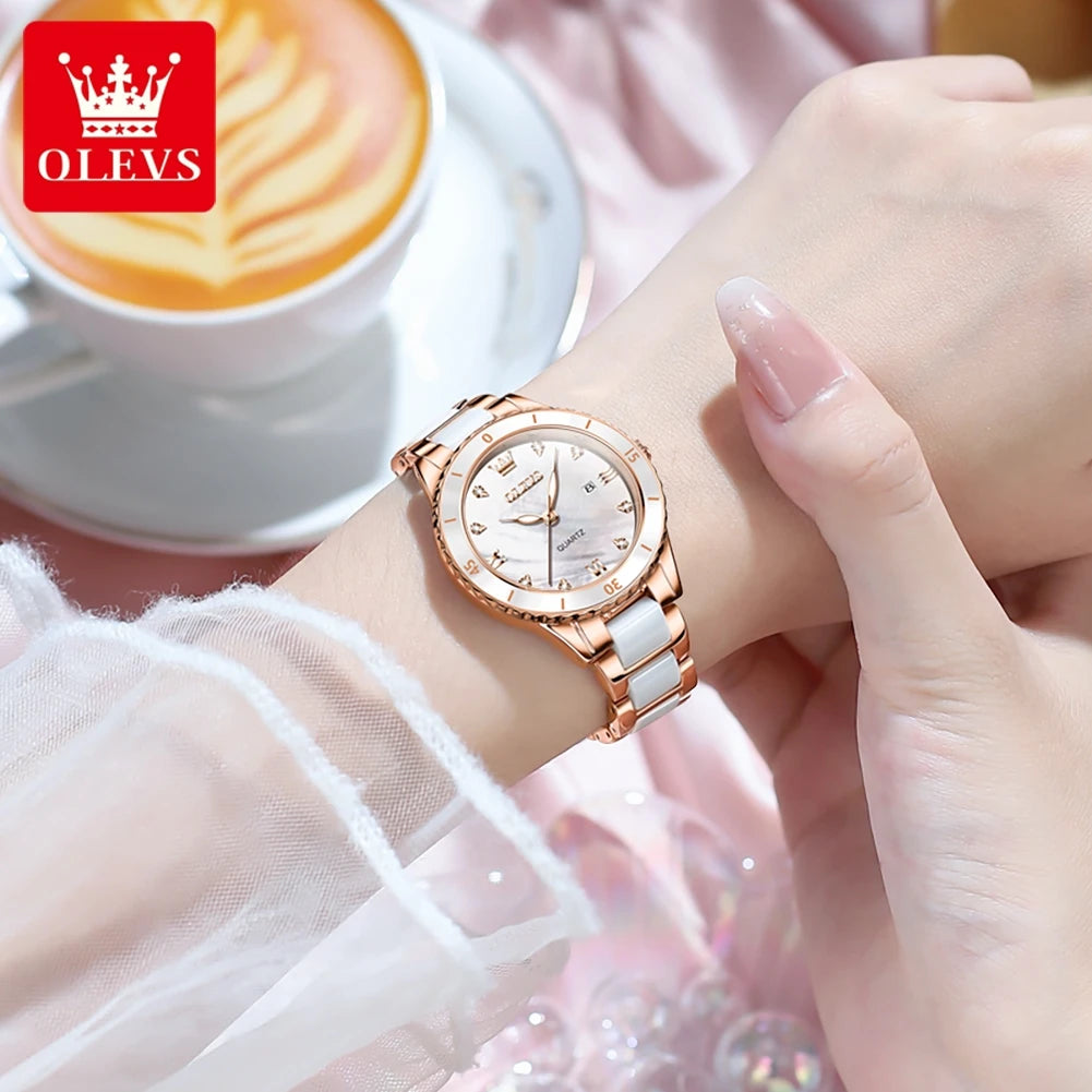 OLEVS Women's Watches Elegant Fashion Ceramics Quartz Wirtwatch for Ladies Diamond Scale Date Display Waterproof Luminous