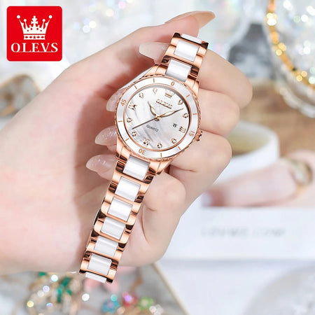 OLEVS Women's Watches Elegant Fashion Ceramics Quartz Wirtwatch for Ladies Diamond Scale Date Display Waterproof Luminous