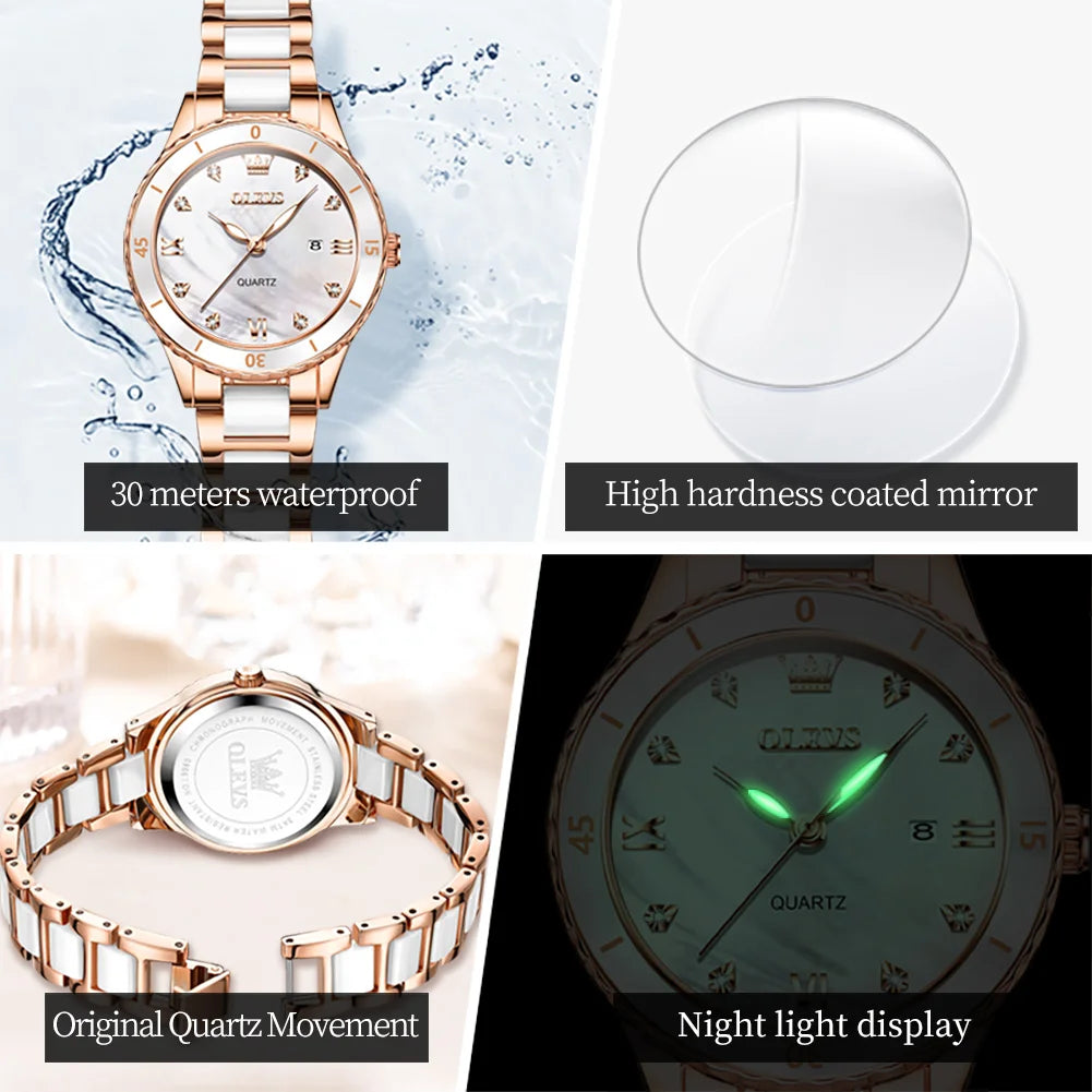 OLEVS Women's Watches Elegant Fashion Ceramics Quartz Wirtwatch for Ladies Diamond Scale Date Display Waterproof Luminous