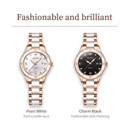 OLEVS Women's Watches Elegant Fashion Ceramics Quartz Wirtwatch for Ladies Diamond Scale Date Display Waterproof Luminous