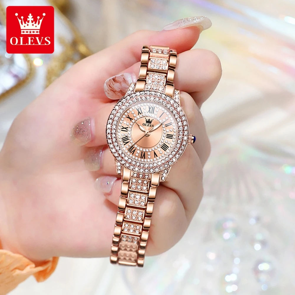 OLEVS Women's Watches Fashion Original Quartz Wrist Watch for Ladies Roman Dial Dazzling Diamond Waterproof Luminous Luxury New