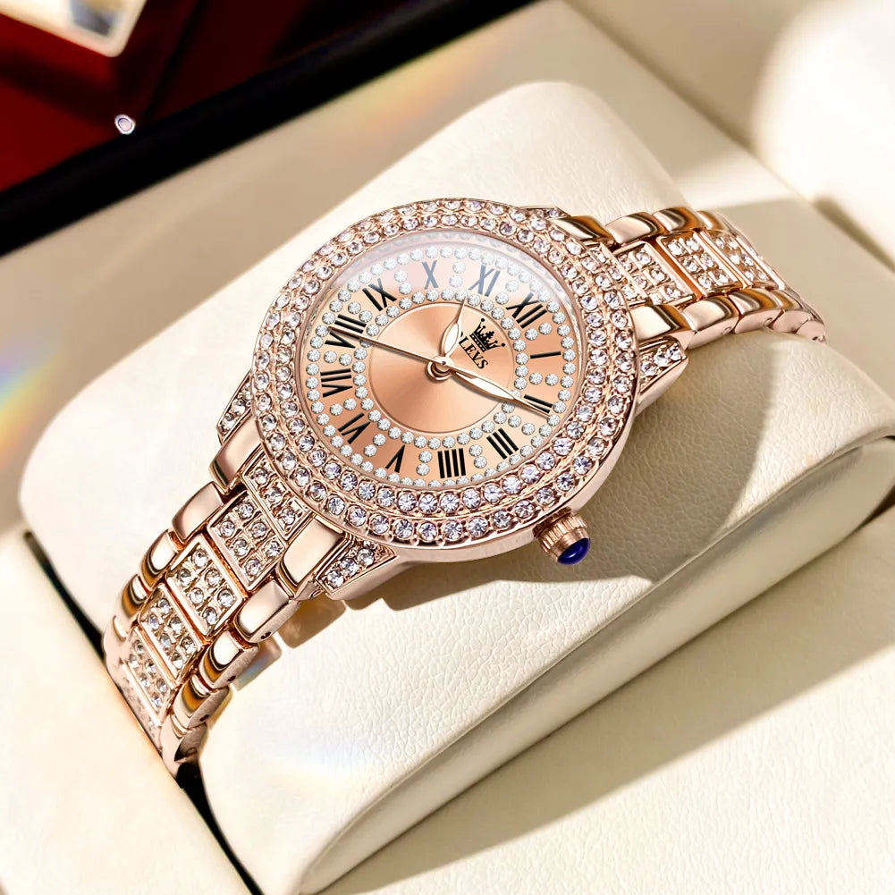 OLEVS Women's Watches Fashion Original Quartz Wrist Watch for Ladies Roman Dial Dazzling Diamond Waterproof Luminous Luxury New