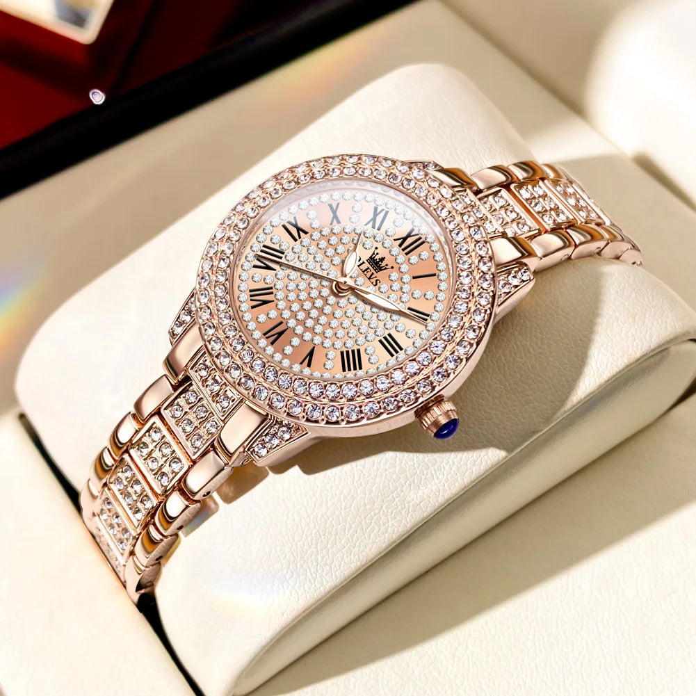 OLEVS Women's Watches Fashion Original Quartz Wrist Watch for Ladies Roman Dial Dazzling Diamond Waterproof Luminous Luxury New