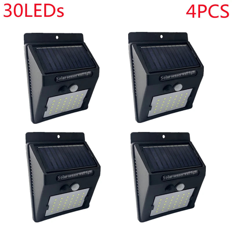 Outdoor 100 LED Solar Light Motion Sensor Waterproof Sunlight Garden Decoration Street Lights Solar Powered Lantern Wall Lamp 4Pcs 30Leds