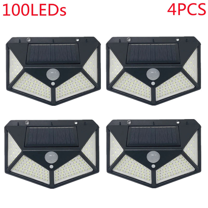 Outdoor 100 LED Solar Light Motion Sensor Waterproof Sunlight Garden Decoration Street Lights Solar Powered Lantern Wall Lamp Black 100LED 4Pcs